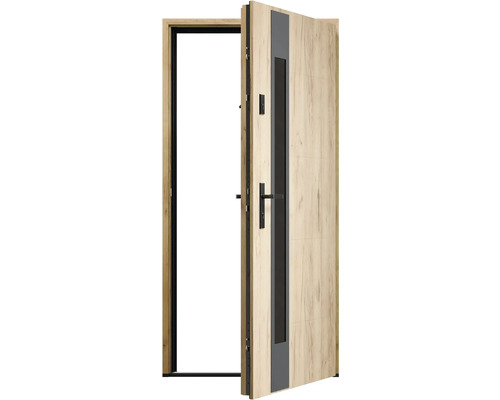 Otevřené vchodové dveře s dřevěným dekorem a černým rámem