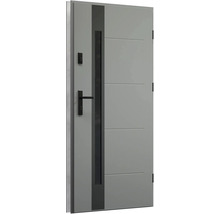 Šedé vchodové dveře se skleněnou vložkou a klikou