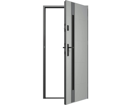 Otevřené vchodové dveře s rámem, klikou a bezpečnostním zámkem