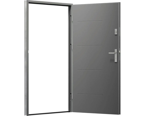 Otevřené šedé vchodové dveře s ocelovým rámem