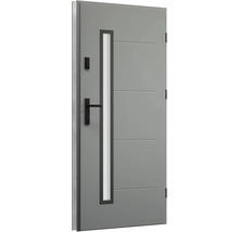 Šedé vchodové dveře se skleněným prvkem a vodorovnými ozdobnými liniemi