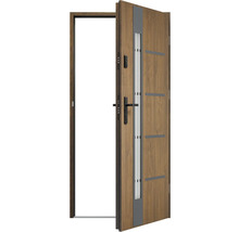 Otevřené vchodové dveře s dekorem dřeva a skleněnou vložkou