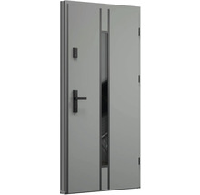 Šedé bezpečnostní dveře s oknem, klikou a zámkem