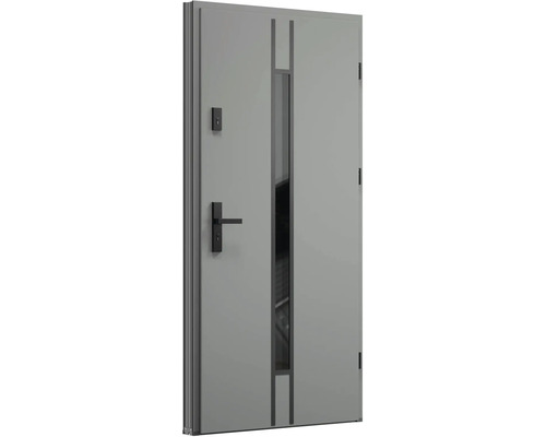 Šedé bezpečnostní dveře s oknem, klikou a zámkem