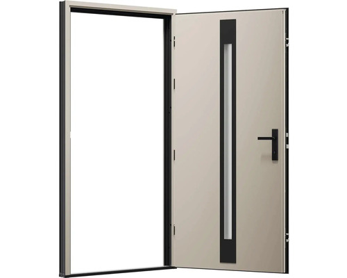 Otevřené vchodové dveře se skleněnou vložkou a klikou