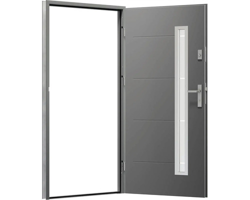 Otevřené venkovní dveře s rámem, klikou a skleněnou vložkou