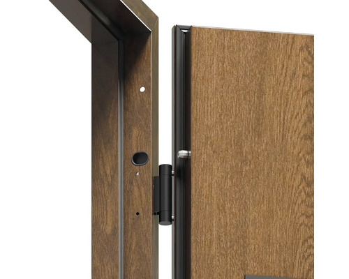 Detail dveří s dřevěným vzorem a černým rámem