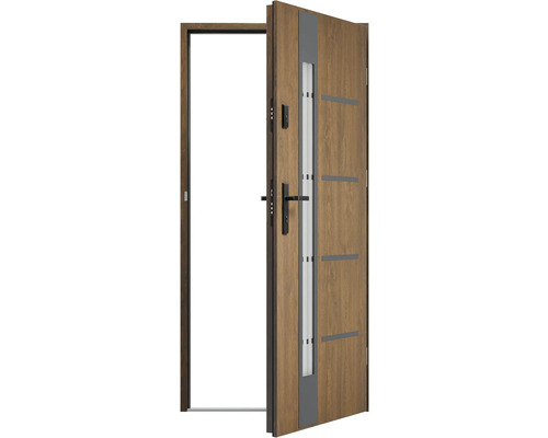 Otevřené vchodové dveře se skleněnou vložkou a vzhledem dřeva