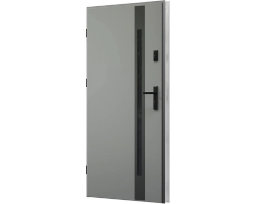 Šedé dveře se skleněnou vložkou a klikou