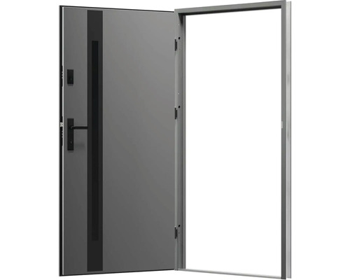 Otevřené šedé vchodové dveře s rámem