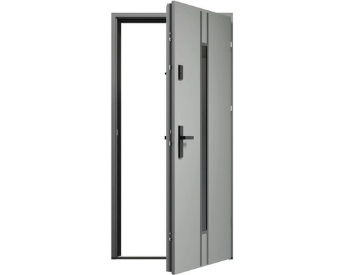 Otevřené šedé vchodové dveře s rámem a klikou