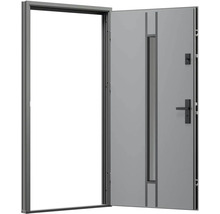 Otevřené šedé vchodové dveře s rámem a klikou