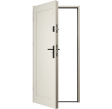 Otevřené domovní dveře s kováním a rámem.