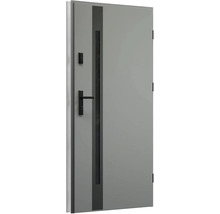 Šedé vchodové dveře s okenní páskou a sadou klik