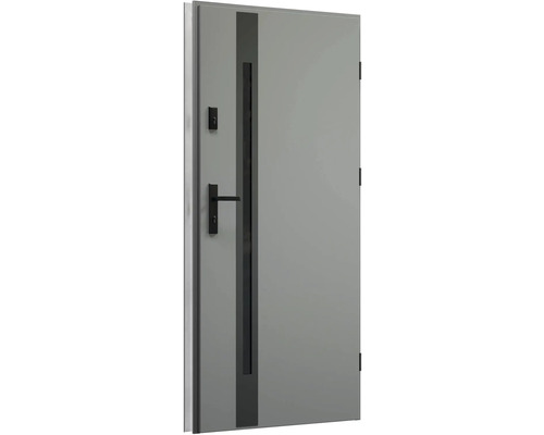 Šedé vchodové dveře s okenní páskou a sadou klik