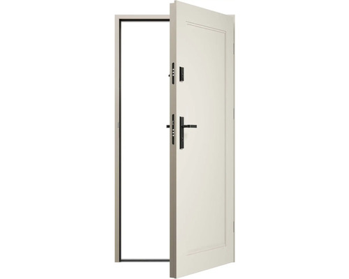 Otevřené vchodové dveře s černou klikou a zámkem