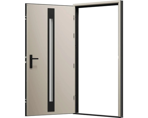 Otevřené vchodové dveře se skleněnou vložkou a klikou