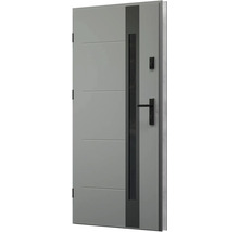 Šedé vchodové dveře s vertikálním skleněným panelem a vodorovnými ozdobnými lištami