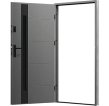 Otevřené šedé vchodové dveře s klikou