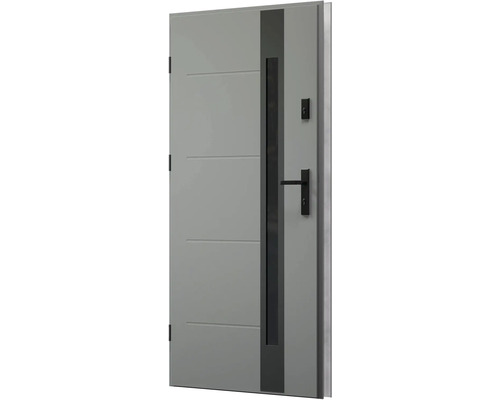 Šedé vchodové dveře s černou klikou