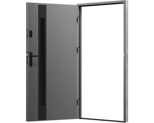 Otevřené šedé vchodové dveře s klikou a skleněnou vložkou