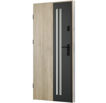 Moderní vchodové dveře s dřevěným dekorem a skleněnými vložkami