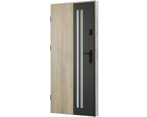 Moderní vchodové dveře s dřevěným dekorem a skleněnými vložkami