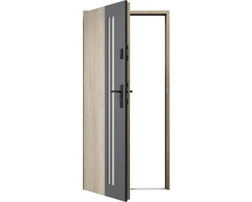 Otevřené venkovní dveře s rámem dveří, klikou a zámky