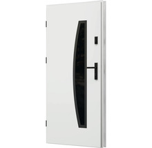 Bílé vchodové dveře se skleněnou vložkou a černým kováním