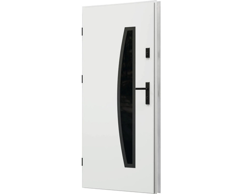 Bílé vchodové dveře se skleněnou vložkou a černým kováním