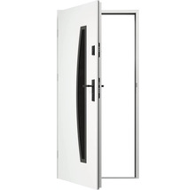 Otevřené bílé bezpečnostní dveře s černým oknem a klikou