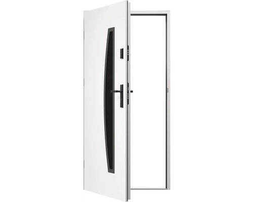 Otevřené bílé bezpečnostní dveře s černým oknem a klikou