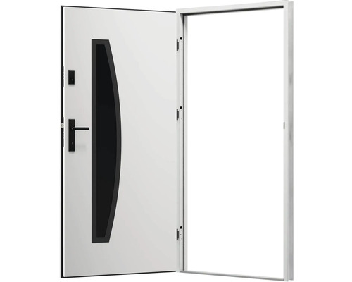 Otevřené vchodové dveře se skleněnou vložkou a rámem dveří