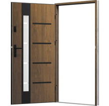 Otevřené vchodové dveře se skleněnou výplní a vzhledem dřeva