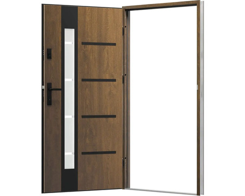 Otevřené vchodové dveře se skleněnou výplní a vzhledem dřeva