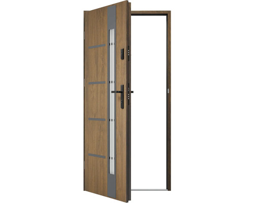 Otevřené vchodové dveře s dřevěnou strukturou, skleněným prvkem a sadou klik