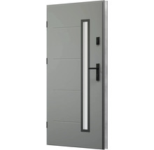 Moderní vchodové dveře se skleněnou výplní a vodorovnými ozdobnými liniemi