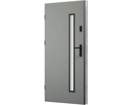 Moderní vchodové dveře se skleněnou výplní a vodorovnými ozdobnými liniemi