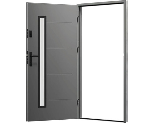 Otevřené šedé vchodové dveře se skleněnou vložkou a klikou