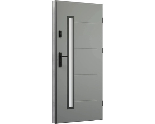 Šedé vchodové dveře s oknem, klikou a zámkem