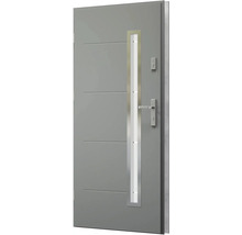 Šedé vchodové dveře se skleněnou výplní, vodorovnými liniemi, klikou a zámkem