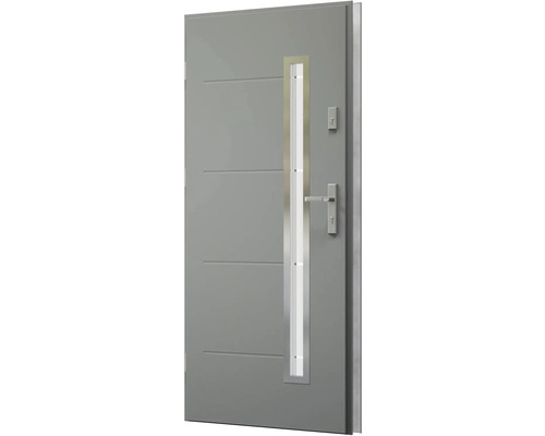 Šedé vchodové dveře se skleněnou výplní, vodorovnými liniemi, klikou a zámkem