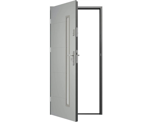 Otevřené vchodové dveře s rámem, klikou a zámkem