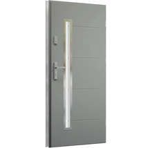 Šedé vchodové dveře s prosklenou částí a vodorovnými liniemi