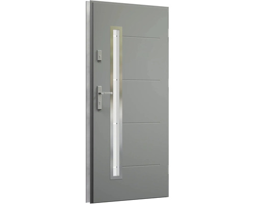 Šedé vchodové dveře s prosklenou částí a vodorovnými liniemi