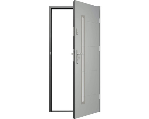 Otevřené vchodové dveře s rámem, klikou a zámkem