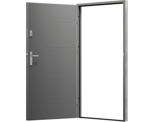 Otevřené šedé venkovní dveře s rámem