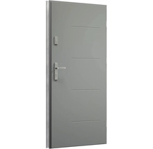 Šedé interiérové dveře s vodorovnými ozdobnými drážkami, klikou a zámkem