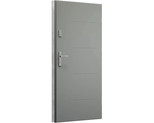 Šedé interiérové dveře s vodorovnými ozdobnými drážkami, klikou a zámkem