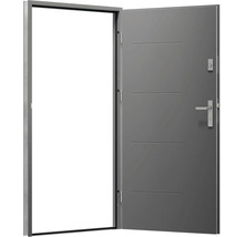 Otevřené šedé ocelové dveře s rámem a klikou